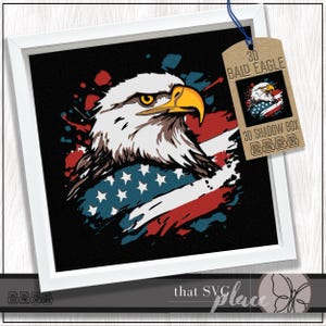May include: A digital illustration of a bald eagle with a red, white, and blue American flag background. The eagle's head is facing the right side of the image. The text "3D Bald Eagle" is in the upper right corner of the image.