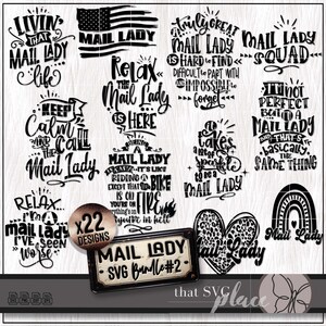 Può includere: Una collezione di 22 design grafici digitali in bianco e nero con tipografia e illustrazioni relative alle postine. Le frasi includono Livin that Mail Lady life, Mail Lady Squad e Relax the Mail Lady is here, con varie icone.