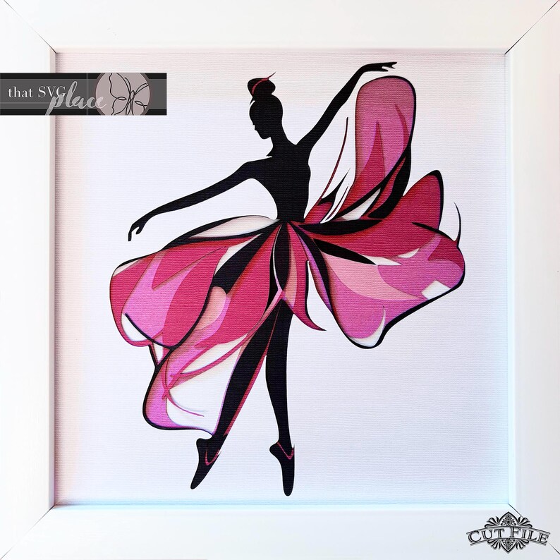 May include: A black silhouette of a ballerina with a pink and white layered skirt, dancing in a white frame.