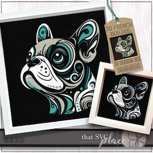 Bouledogue français 3D SVG #3, modèle Shadowbox en couches, caisson lumineux en papier découpé, monument commémoratif pour animaux de compagnie, chien Shadow Box SVG, fichier de coupe Cricut