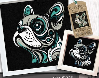 Puede incluir: Un archivo digital para un diseño de caja de sombra 3D de un Bulldog Francés. El perro está estilizado con remolinos de color turquesa y blanco. La imagen incluye el texto "3D French Bulldog 3D Shadow Box".