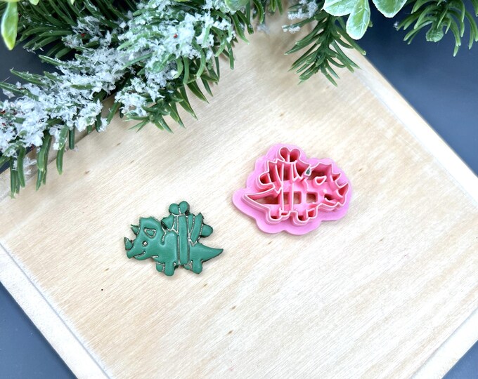 Triceratops with Christmas Tree Polymer Clay Cutters - Handmade Earrings - Ceramic tools