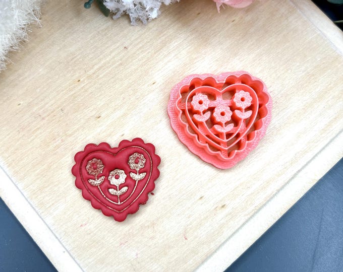 Heart with Daisies 2 Polymer Clay Cutters - Valentine's Earrings - Ceramic Tools