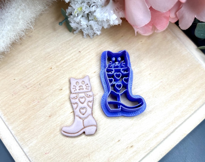Cowboy Boot with Cat Polymer Clay Cutter - Valentine's Earrings - Ceramic Tools - Cookie Cutter