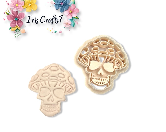 Mushroom Skull 2 Polymer Clay Cutter – Spooky Clay Tool for Earrings – Halloween Fantasy Skull & Mushroom Earring Cutter