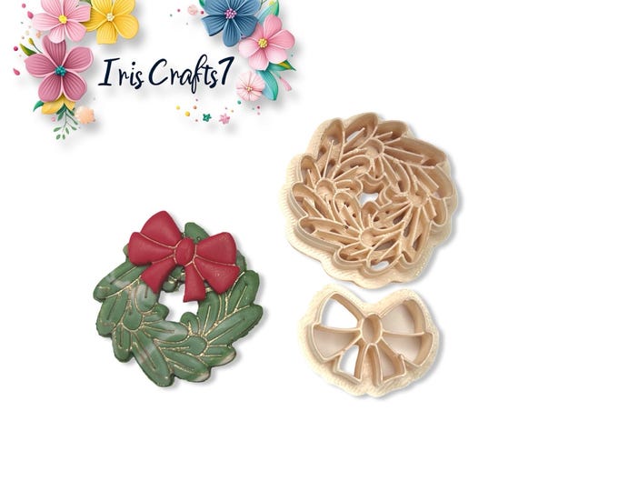 Wreath with Hollyberry and Bow Polymer Clay Cutter for Christmas Earring Making