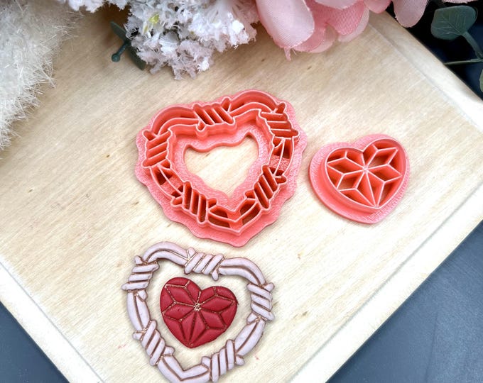 Barbed Wire Heart with Ruby Polymer Clay Cutters - Valentine's Earrings - Ceramic Tools