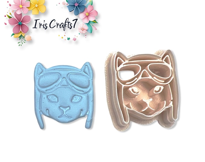 Aviator Cat Polymer Clay Cutter – Cute Cat Earring Tool for Handmade Jewelry – 3D Printed Clay Craft Accessory