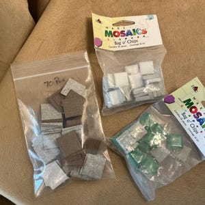 May include: Three clear plastic bags containing square mosaic tiles. One bag is labeled 70 Pcs and contains brown and grey tiles. Two bags are labeled Make Mosaics Bag o' Chips, with one containing white tiles and the other containing green and clear tiles.
