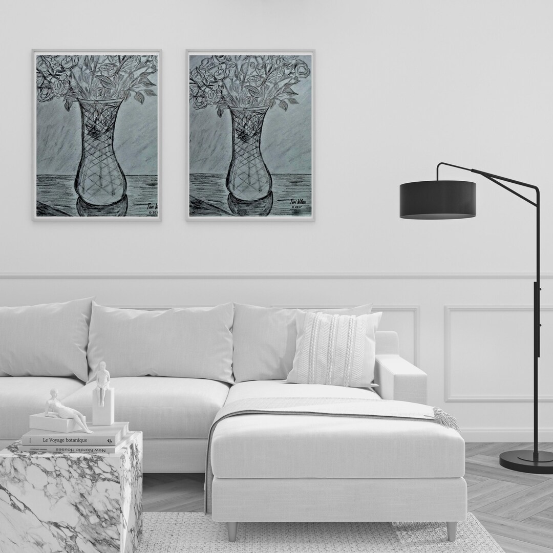 Grayscale Flower Sketch Wall Art Flower Wall Art Print Etsy