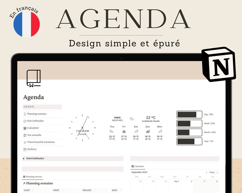 Notion template français agenda planner dashboard semainier Etsy France