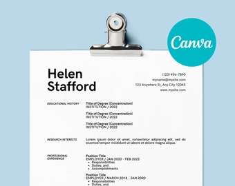 Canva Curriculum Vitae Template, Canva CV Template, Resume Template, Academic CV, Cover Letter, Application Template