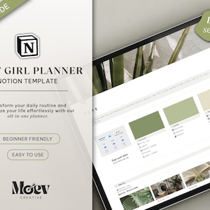 Notion Template Personal Planner | All In One Notion Template | That Girl Notion Planner | Notion Aesthetic Template Green Beige