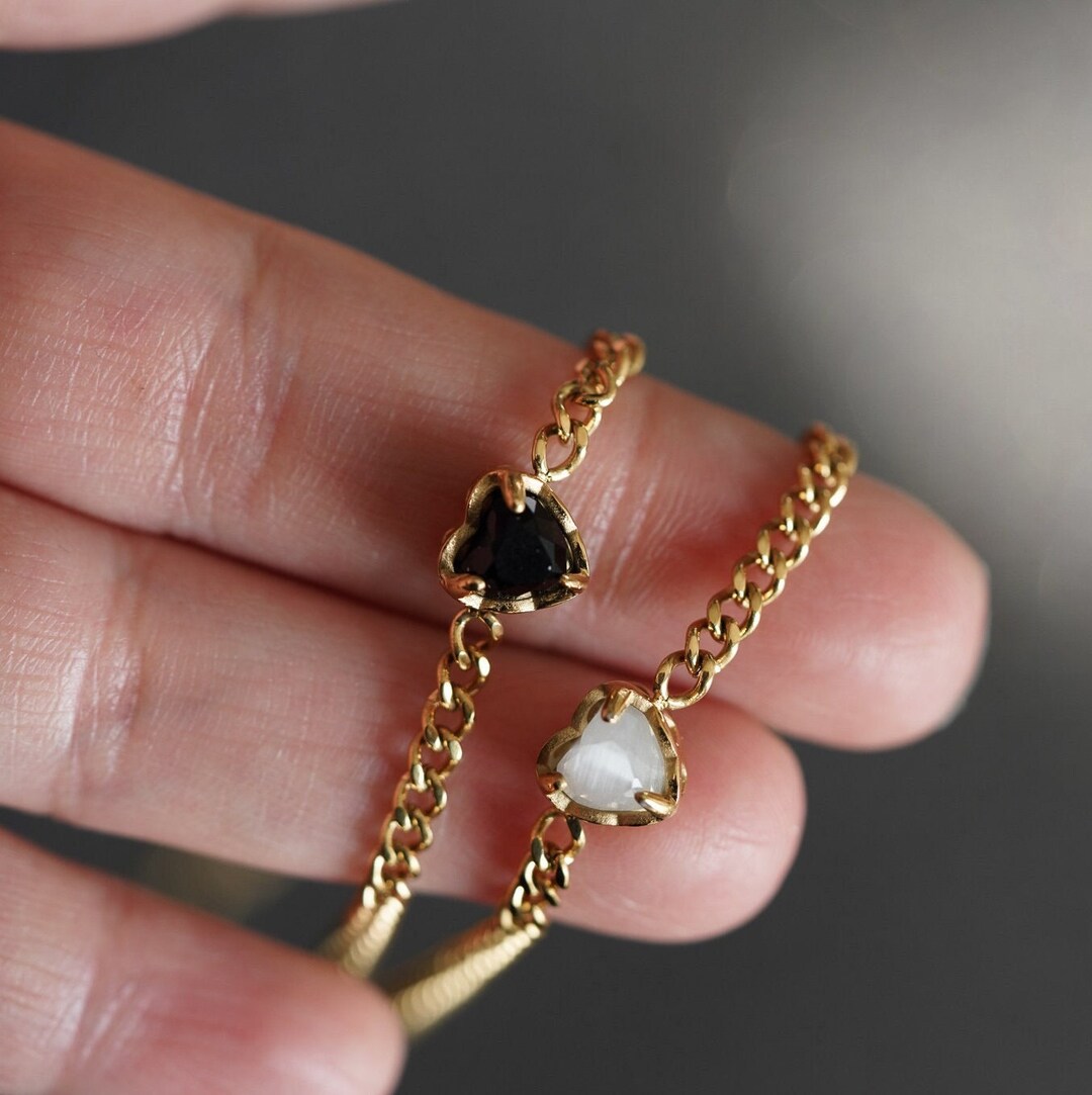18K Gold FILLED Heart Bracelet, Black Heart Bracelet, White Heart Bracelet, Perfect Gif for Her