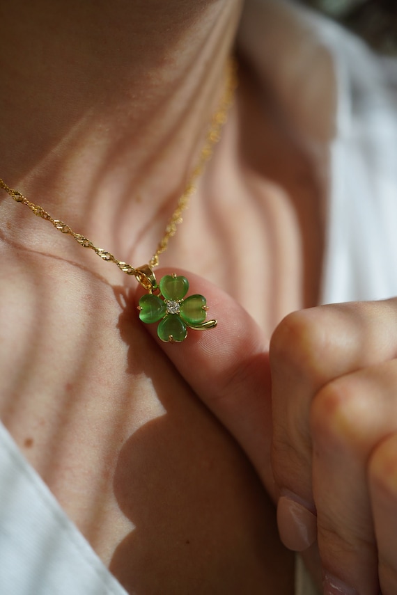 Green Four-Leaf Clover Sterling Silver Necklace