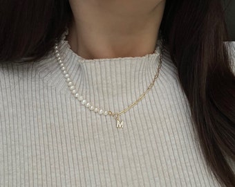 Half and half necklace, freshwater real pearl, paperclip chain necklace, half Pearl half chain, personalised initial necklace ,name necklace