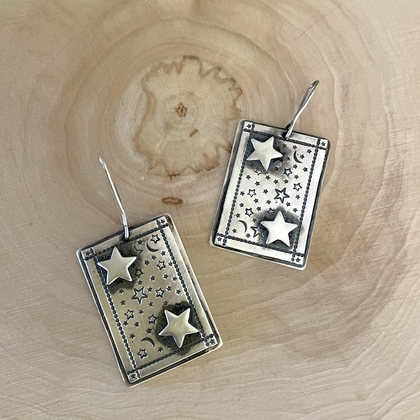 Stamped Star & Moon Earrings By Derrick Cadman/Authentic/Native American/Navajo/Handmade/Sterling Silver/Silver925/Dangle/Hook