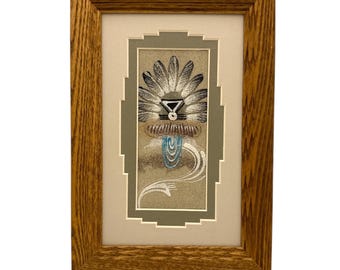 Vintage 1970s Zuni Wing Knife Man Sand Painting, Vintage Colorful