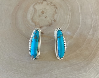 Kingman Turquoise Long Post Earrings/Authentic/Native American/Navajo/Phillip Yazzie/Handmade/Sterling Silver/One Of A Kind
