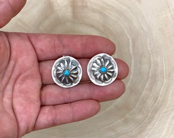 Kingman Turquoise Concho Earrings By Joan Begay/Authentic/Native American/Navajo/Handmade/Sterling Silver/Studs/Post/Satin finish/Southwest