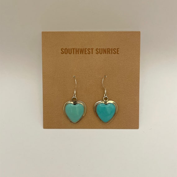 Navajo Sterling Silver Genuine Turquoise Handmade Heart  Navajo Sterling Silver Genuine Turquoise Handmade Heart Dangle Earrings main image 2