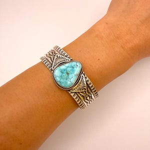 Stamped Kingman Turquoise Cuff Bracelet By Sunshine Reeves Size 5.5&quot;/Native American/Navajo/Handmade/Sterling Silver/Statement Piece