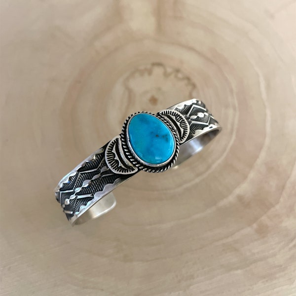 Stamped Kingman Turquoise Cuff Bracelet By Sunshine Reeves 5.43"/Native American/Navajo/Handmade/Sterling Silver/One Of A Kind