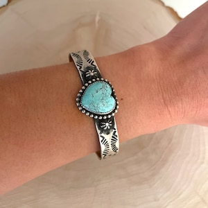 Turquoise Heart Cuff Bracelet By Kinsley Natoni Size 5.75&quot;/Authentic/Native American/Navajo/Handmade/Sterling Silver/Chinese Turquoise