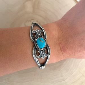 Casted Turquoise Cuff Bracelet By Kevin Billah C Size 5.2&quot;/Authentic/Native American/Navajo/Handmade/Sterling Silver/Kingman Turquoise