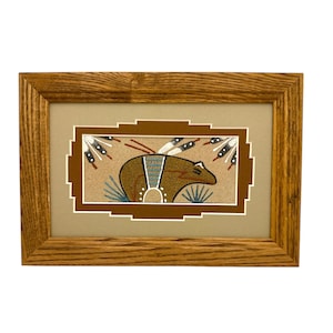 Navajo Sand Painting By Glen Nez 9.5&quot; x 6.5&quot;/Native American/Navajo/Handmade/Spirit Bear/Home Decor/Wall Decor/Wall Art/Framed/Southwestern