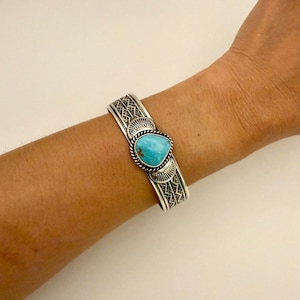 Stamped Kingman Turquoise Cuff Bracelet By Sunshine Reeves Size 5.5&quot;/Native American/Navajo/Handmade/Sterling Silver/One Of A Kind/Southwest