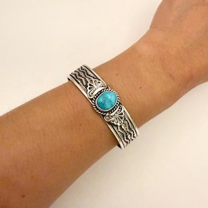 Stamped Kingman Turquoise Cuff Bracelet By Sunshine Reeves Size 5.5&quot;/Native American/Navajo/Handmade/Sterling Silver/One Of A Kind/Southwest
