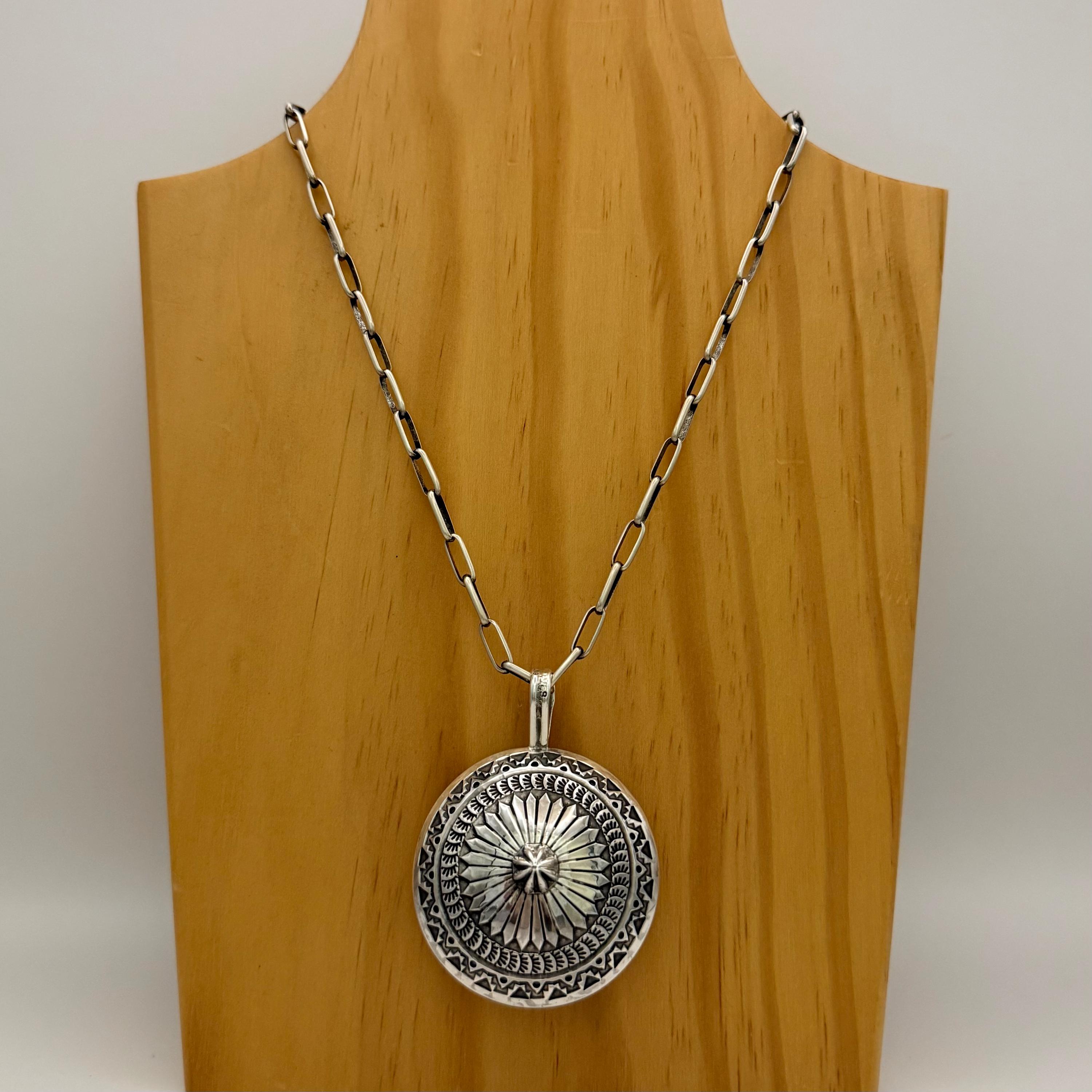 Handmade Stamped Sterling Silver Navajo Concho Pendant by Sunshine