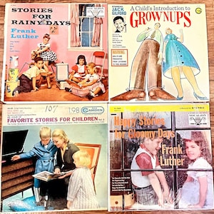 May include: Four vintage vinyl record covers featuring children's stories. The covers are colourful and feature illustrations of children. The titles are "Stories for Rainy Days", "A Child's Introduction to Grownups", "Favourite Stories for Children", and "Happy Stories for Gloomy Days". All four records are by Frank Luther.