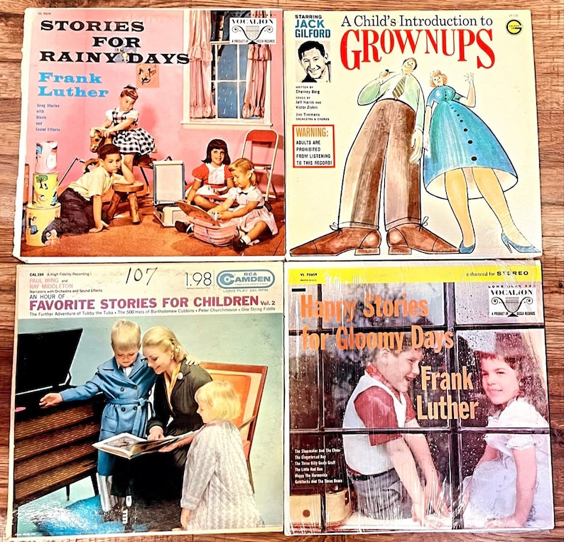 May include: Four vintage vinyl record covers featuring children's stories. The covers are colourful and feature illustrations of children. The titles are "Stories for Rainy Days", "A Child's Introduction to Grownups", "Favourite Stories for Children", and "Happy Stories for Gloomy Days". All four records are by Frank Luther.