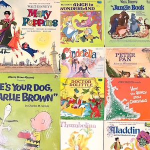 May include: A collection of nine vintage children's record albums featuring characters such as Mary Poppins, Alice in Wonderland, Cinderella, Peter Pan, Doctor Dolittle, The Grinch, and Aladdin. The albums are in various colours and feature illustrations of the characters.