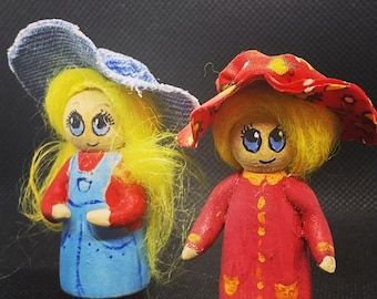 Vintage Handmade Peg People | Wooden Dollhouse Dolls, Pair