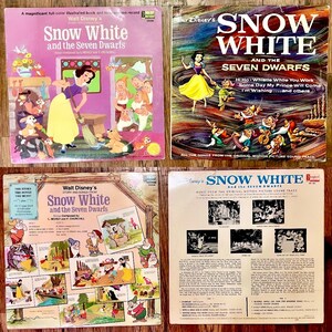May include: Four vintage vinyl record covers featuring the classic Disney film Snow White and the Seven Dwarfs. The covers are in various colours, including red, blue, green, and yellow. The covers feature illustrations of Snow White, the Seven Dwarfs, and other characters from the film. The text on the covers includes the title of the film, the names of the composers, and the words "Story and Songs from" and "Music from the Original Motion Picture Sound Track".