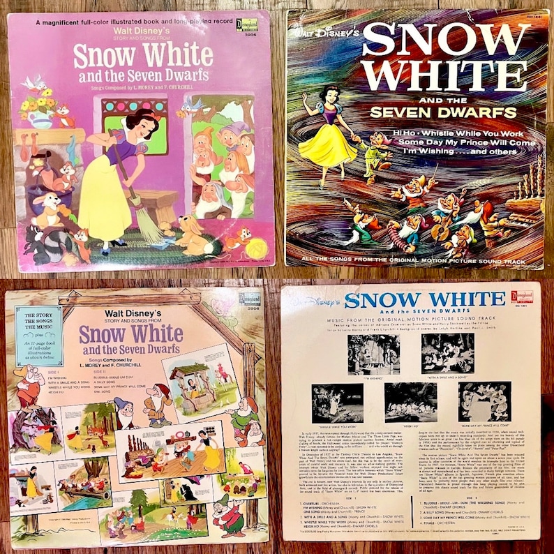 May include: Four vintage vinyl record covers featuring the classic Disney film Snow White and the Seven Dwarfs. The covers are in various colours, including red, blue, green, and yellow. The covers feature illustrations of Snow White, the Seven Dwarfs, and other characters from the film. The text on the covers includes the title of the film, the names of the composers, and the words "Story and Songs from" and "Music from the Original Motion Picture Sound Track".