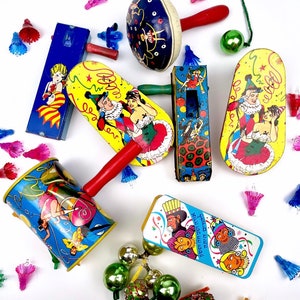Antique Tin Litho Party Noise Makers 1920’s | Circus Noisemaker Clappers 7 piece Set | Kirchhof & More!