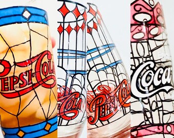 Vintage 1970s Stained Glass Style Cola Tumbler, Mid-Century Bar Glass