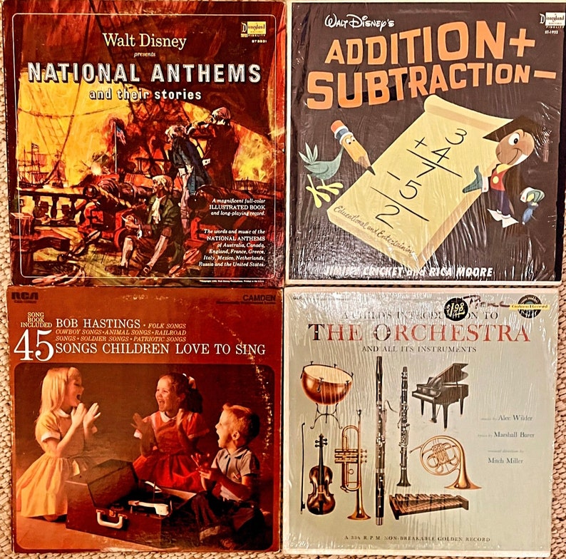 May include: Four vintage vinyl records with colourful covers. The top left record features a ship with a red, white and blue flag and the text "Walt Disney presents National Anthems and their stories". The top right record features a cartoon character with a pencil and the text "Walt Disney's Addition + Subtraction - Educational and Entertaining". The bottom left record features three children singing and the text "Bob Hastings 45 Songs Children Love to Sing". The bottom right record features a variety of musical instruments and the text "A Child's Introduction to The Orchestra and All Its Instruments".