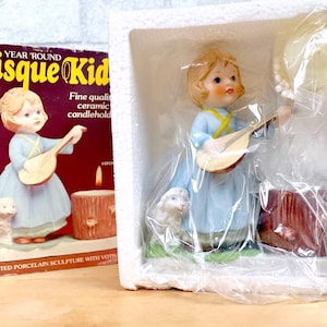 Vintage Bisque Kids | Mandolin Girl | New in Box! All Year Long Figurine 5.5” | 1970’s Taiwan