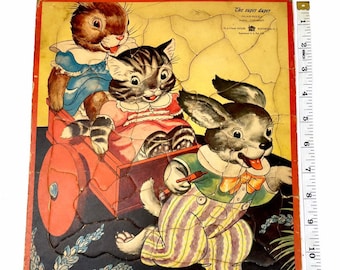 Vintage The Super Duper Inlaid Puzzle | by Playtime House | Bunny, Kitten, Puppy 11.5”X 10” Complete