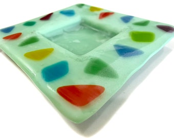 Vintage Studio Pottery Art Glass Tray | Glazed Top 5.75” Square