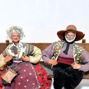 Santon De Aubagne Clay Dolls Man And Woman On A Bench | 8.5” Vintage Folk Art Figures