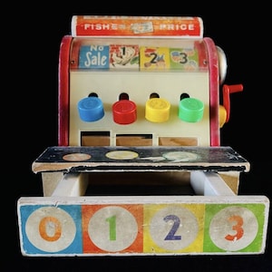 Vintage 1963 Fisher Price Wooden Toy Cash Register #972 Humpty Dumpty & 3 Lil Pigs LARGE