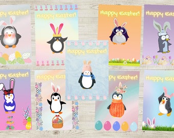 Cartes de pingouin de Pâques, lapins de pingouin imposteur, cartes de panier, téléchargement instantané de pingouins de Pâques mignons, pingouins, Pâques