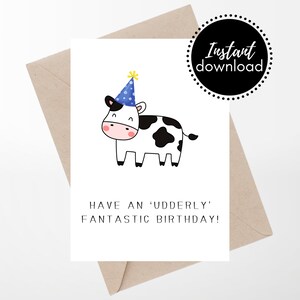 Uierly Happy Birthday Card, afdrukbare grappige verjaardagskaart, Instant Digitale Download verjaardagskaart, Uierly fantastische koe verjaardagskaart