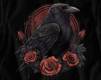 Crow and Roses - Gothic Design - T-Shirt - Fair Traded - High Quality - Dark design with roses, perfect gift